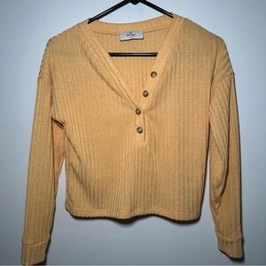 Mattelsa Yellow Ribbed Preppy Crop Long Sleeve Cottagecore Top Small